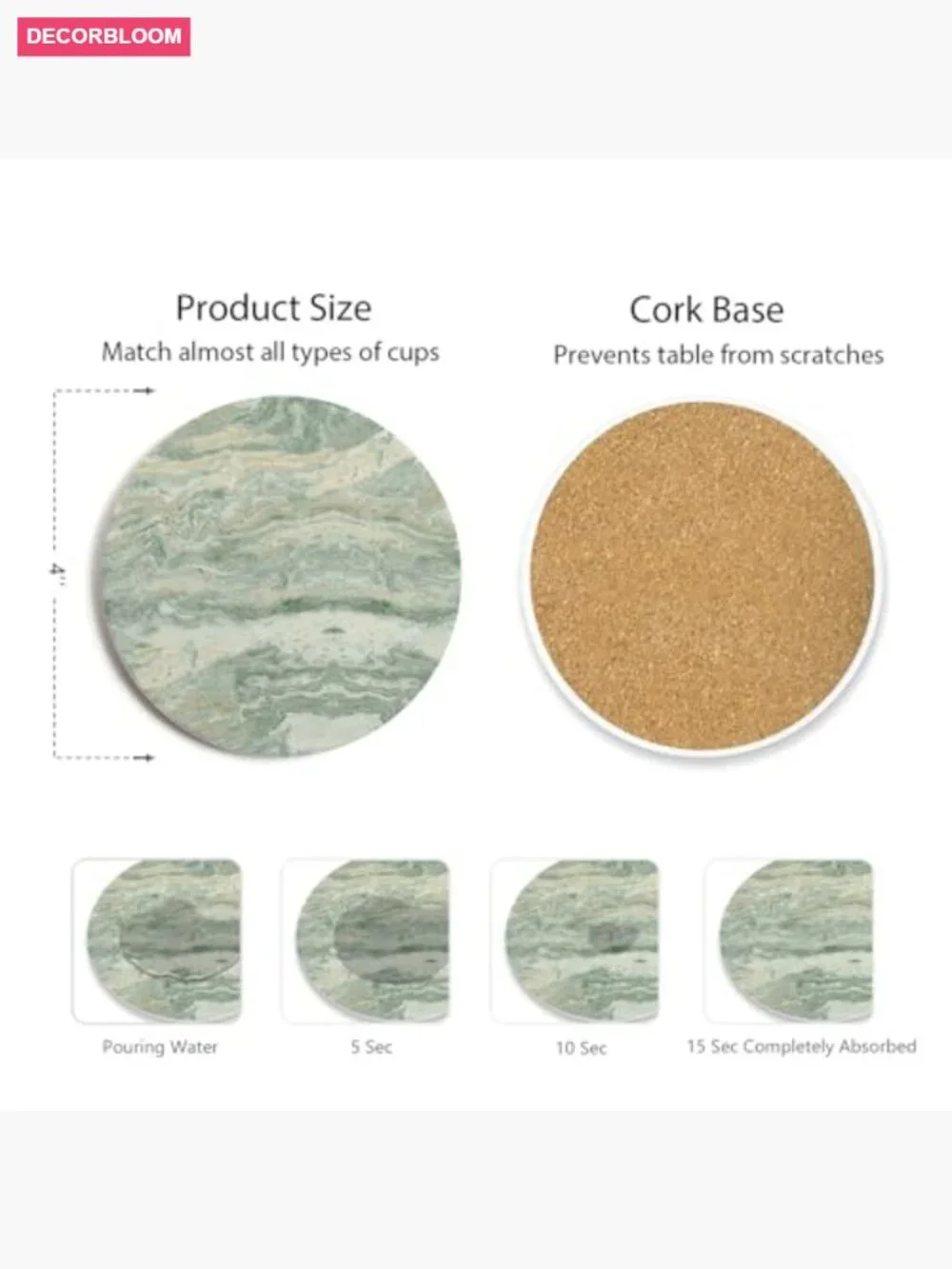 Set of 6 Marble Coasters with Holder - Absorbent Ceramic, Cork Backing